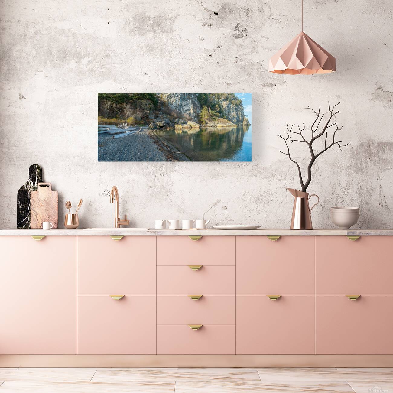 Rock formations and driftwood line the shore of Watmough Bay on  Lopez Island Washington USA Reproduction