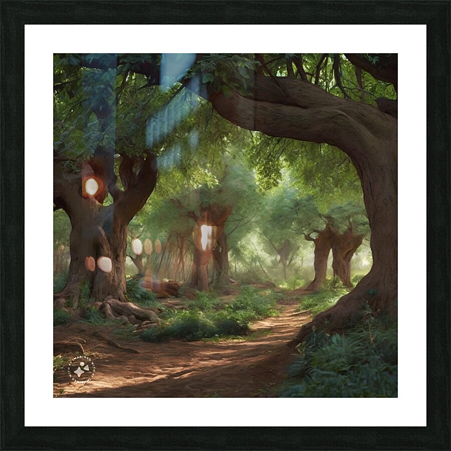Tree shaded path through forest AI Picture Frame print