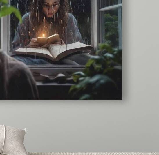 Lady reading book by candlelight during rainstorm AI by SgtPro