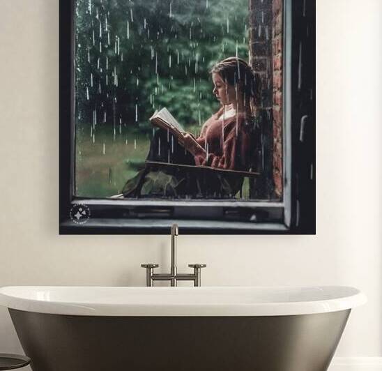 Girl reading beside window during rainstorm AI by SgtPro