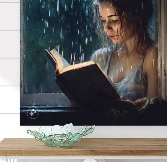 Girl in humid air reads book near window  by SgtPro