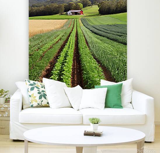 Rows of green plants leading to red barn AI by SgtPro
