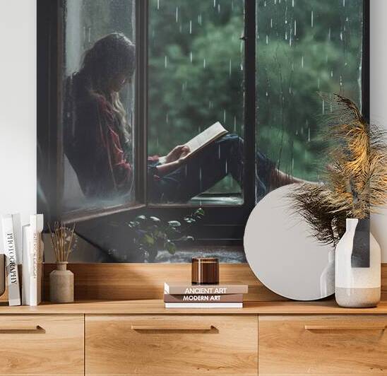 AI Girl reads book behind window during rainstorm by SgtPro