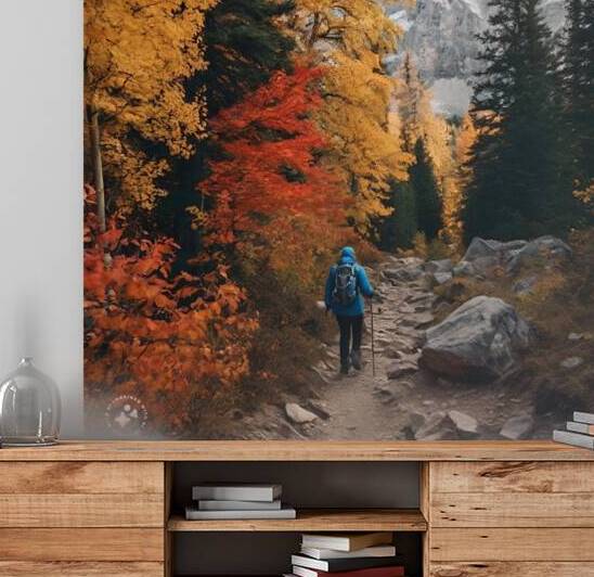 Blue coated hiker in colorful forest by SgtPro