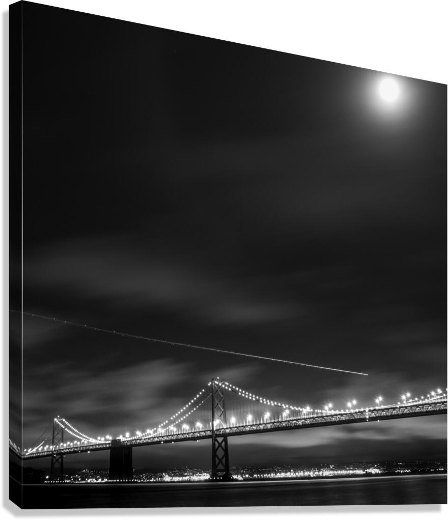 plane over bay bridge night full moon  square 282 Canvas Print