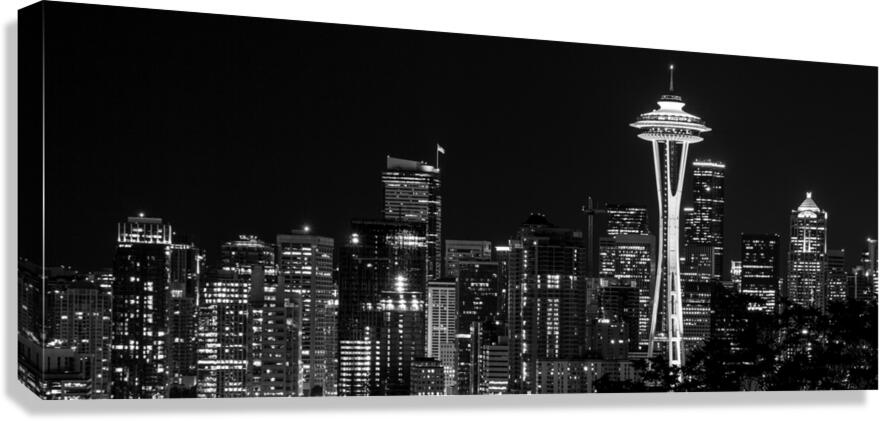 seattle skyline at night  panoramic 2681 Emerald Canvas Print
