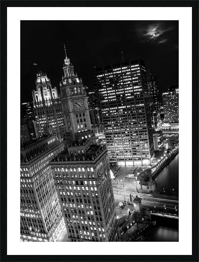 moonrise over downtown chicago at night  vertical Picture Frame print