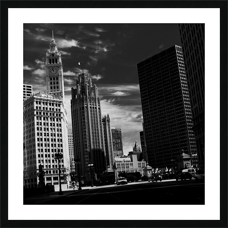 wrigley tribune buildings whispy sky  square 81 S Picture Frame print
