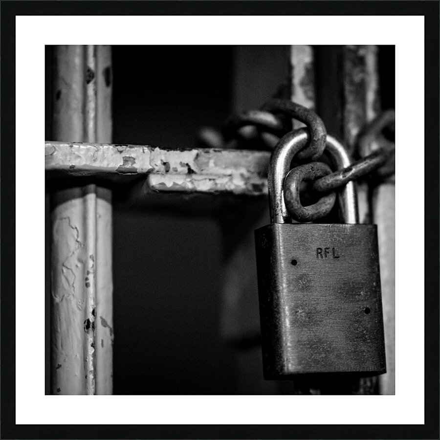chain lock cell door alcatraz  square 2832 Locked Picture Frame print