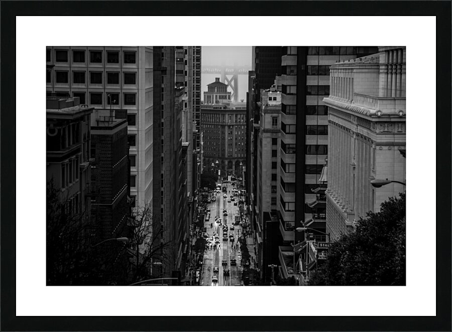 foggy rainy california street bay bridge  horizon Picture Frame print