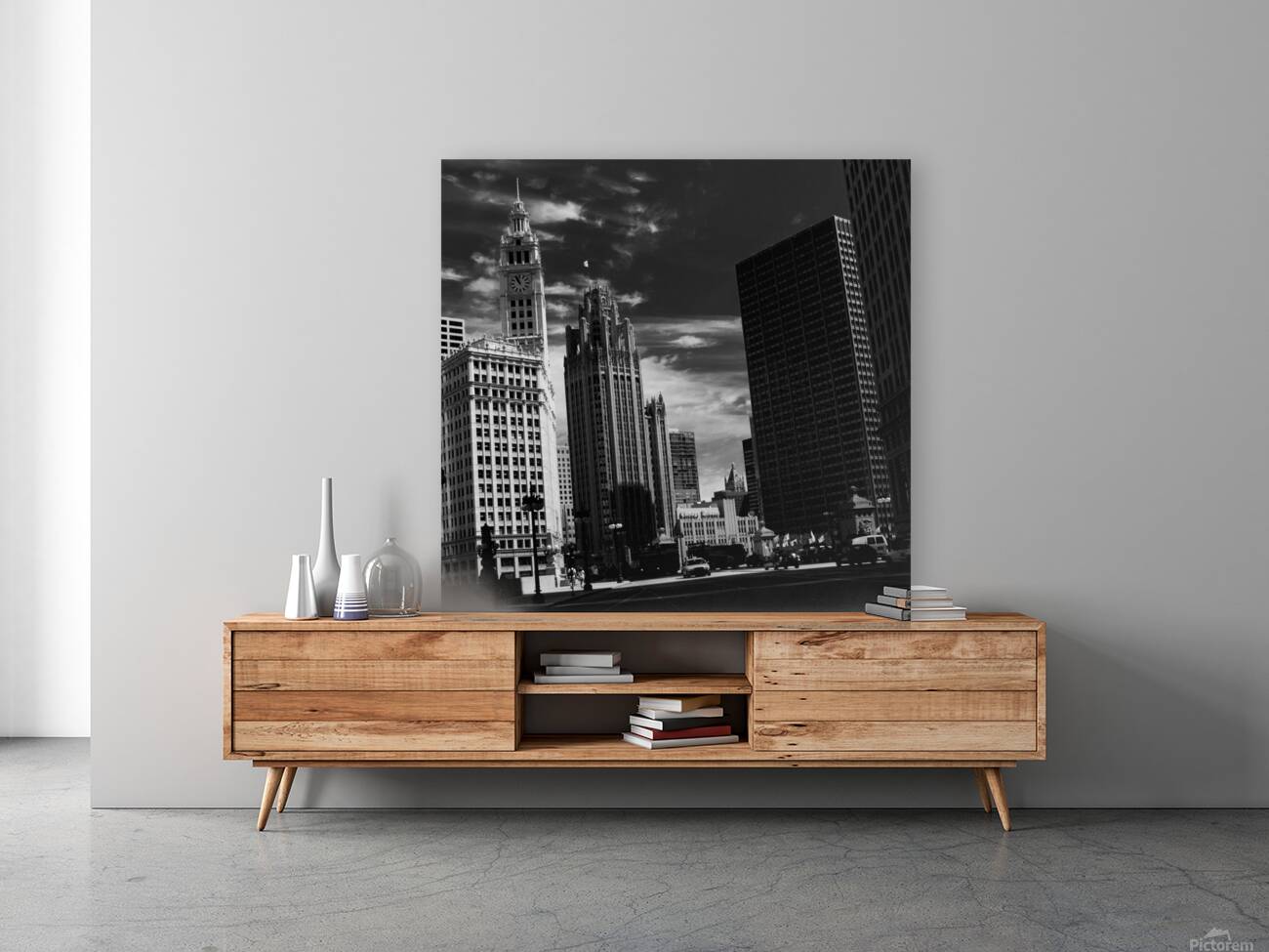 wrigley tribune buildings whispy sky  square 81 S Reproduction