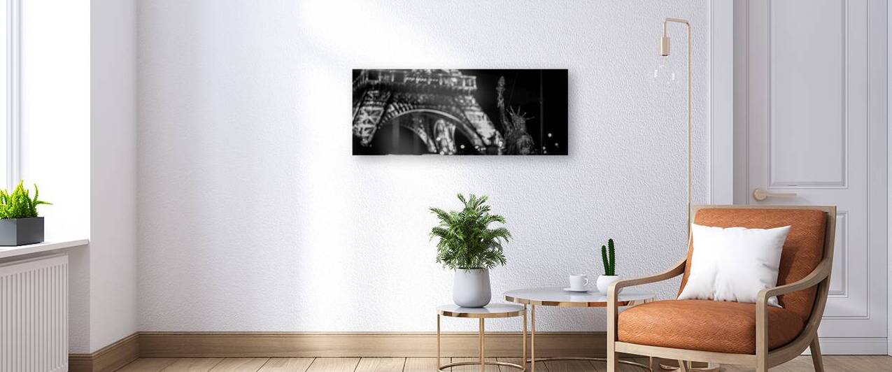 small statue of liberty on river seine  panoramic by Black And White