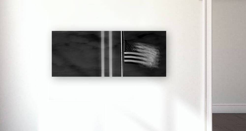 american flag liberty park 9 11 lights  panoramic by Black And White