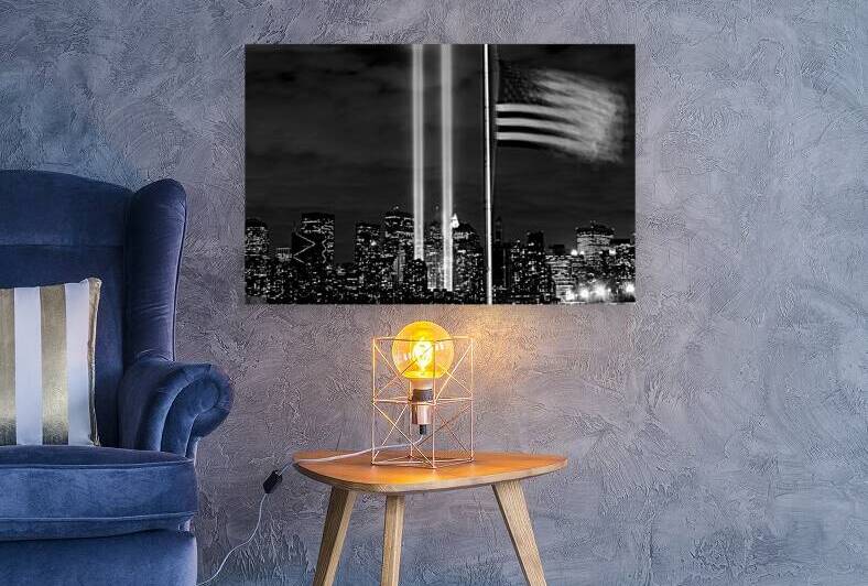 american flag liberty park 9 11 lights  horizonta by Black And White
