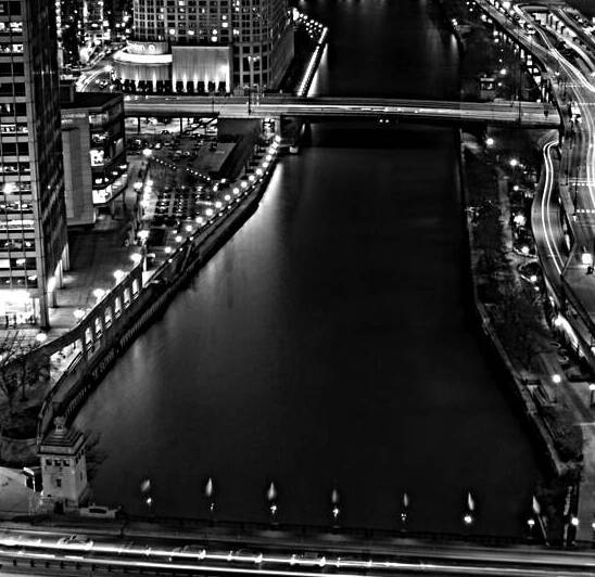 chicago river at night  square 2566 Backward 13k. by Black And White