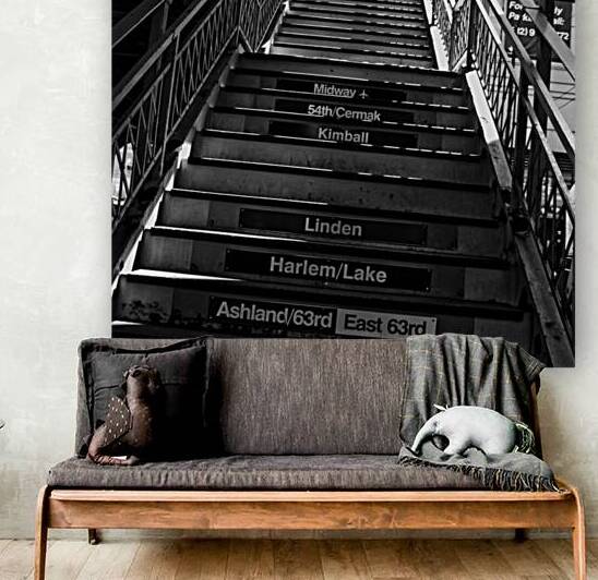 chicago L train stairs  square 66 Kimball 13k by Black And White