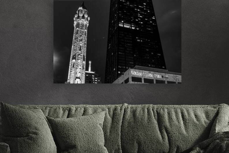 old chicago water tower hancock tower  horizontal by Black And White