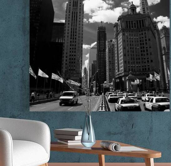 taxi cabs on michigan avenue bridge  square 82 Ta by Black And White
