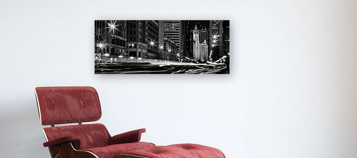 traffic on michigan avenue at night  panoramic 12 by Black And White