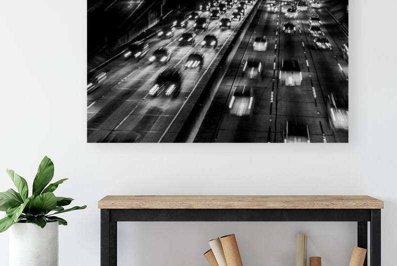 downtown los angeles traffic at night  horizontal by Black And White