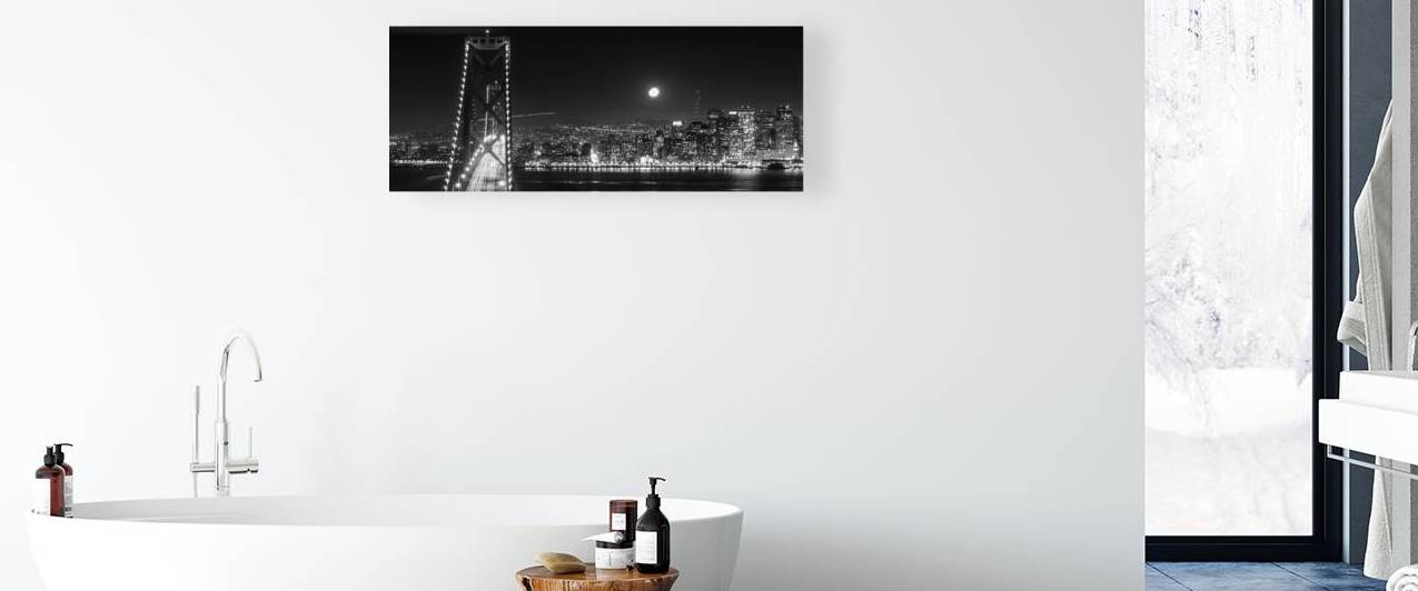 bay bridge from yerba buena island  panoramic 489 by Black And White