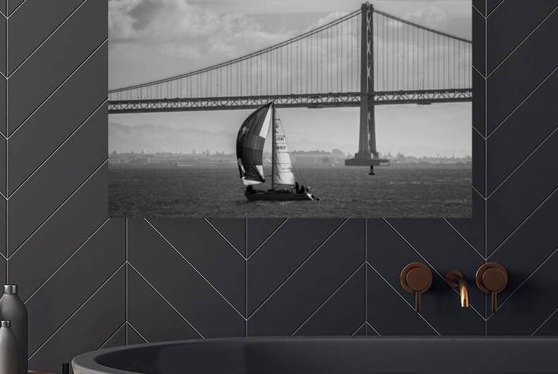 bay bridge and full sail boat  horizontal 2766 Br by Black And White