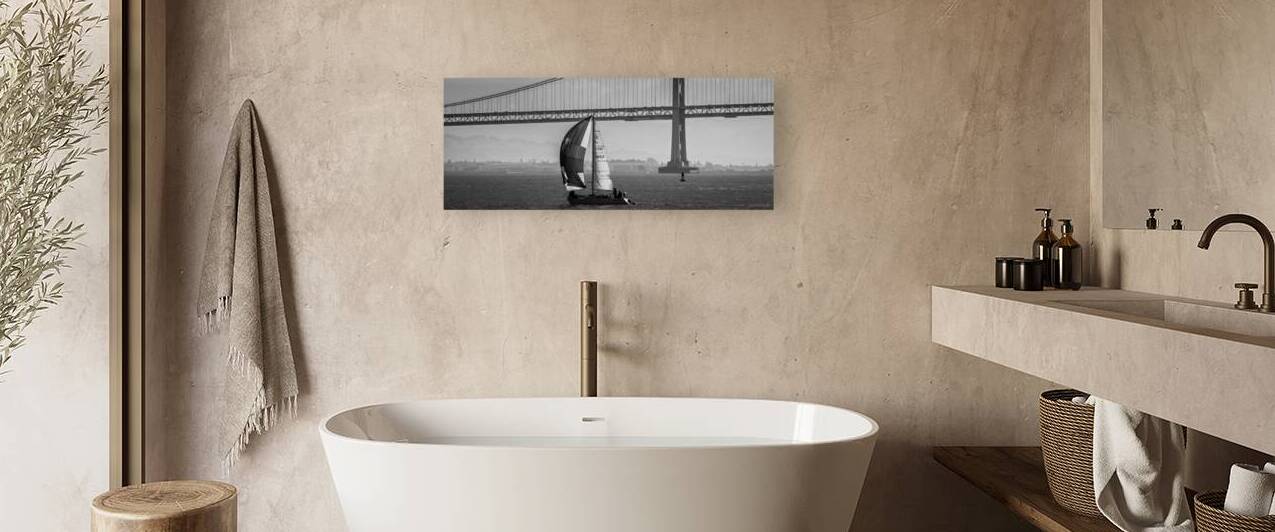 bay bridge and full sail boat  panoramic 2766 Bro by Black And White