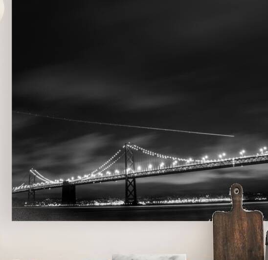 plane over bay bridge night full moon  square 282 by Black And White