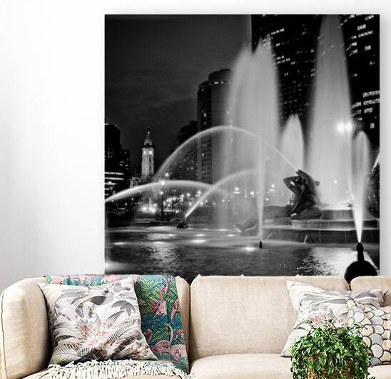logan square fountain at night  square 472 Northw by Black And White