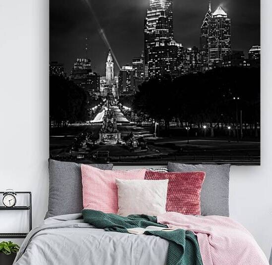 philadelphia skyline at night from art museum  sq by Black And White