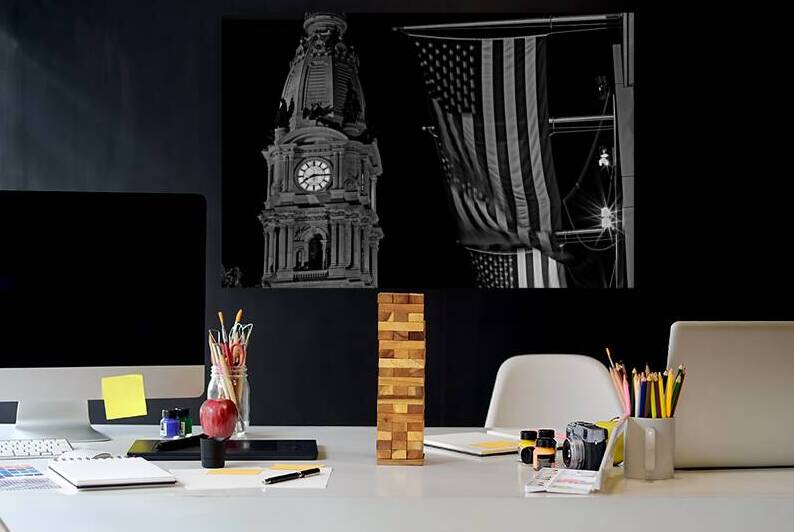 philly city hall and us flags at night  horizonta by Black And White