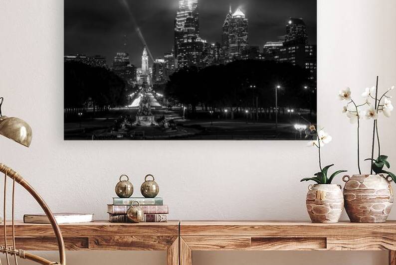 philadelphia skyline at night from art museum  ho by Black And White