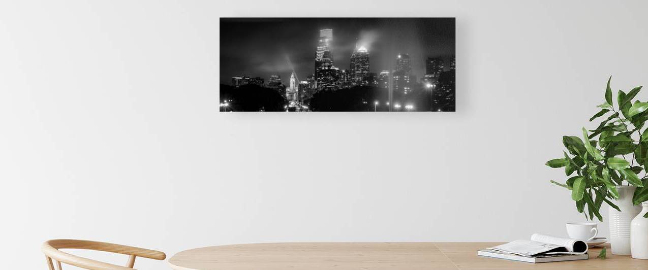 philadelphia skyline from art museum at night  pa by Black And White