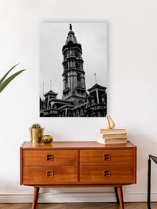 william penn statue on city hall building  vertic by Black And White