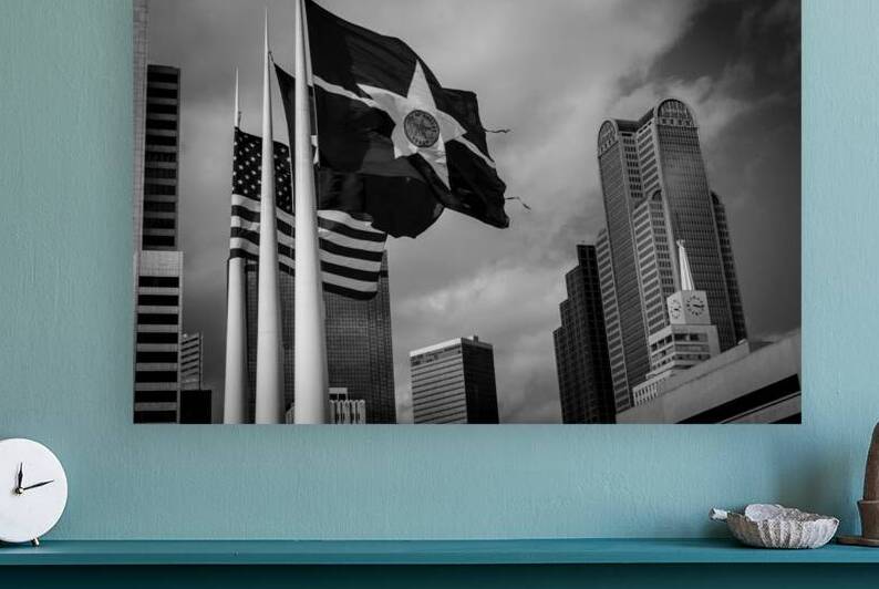 dallas texas and us flag dallas city hall  horizo by Black And White