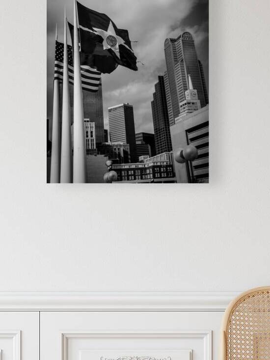 dallas texas and us flag dallas city hall  vertic by Black And White