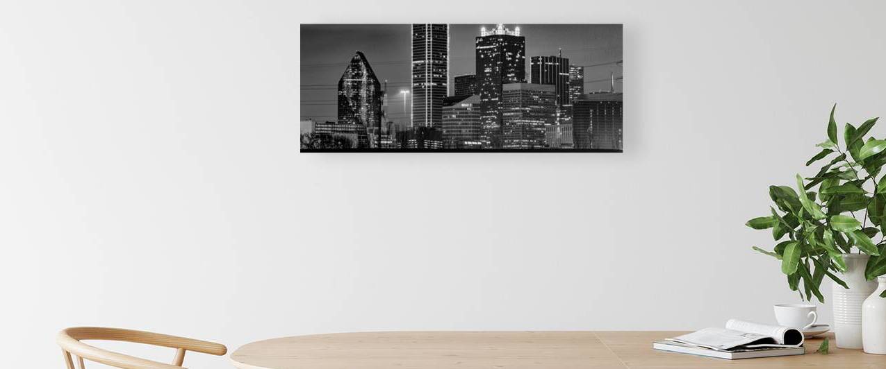 downtown dallas texas skyline at night  panoramic by Black And White