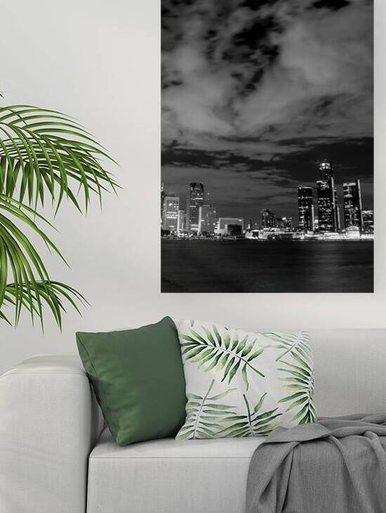 detroit skyline at night  vertical 559 Motown 13k by Black And White
