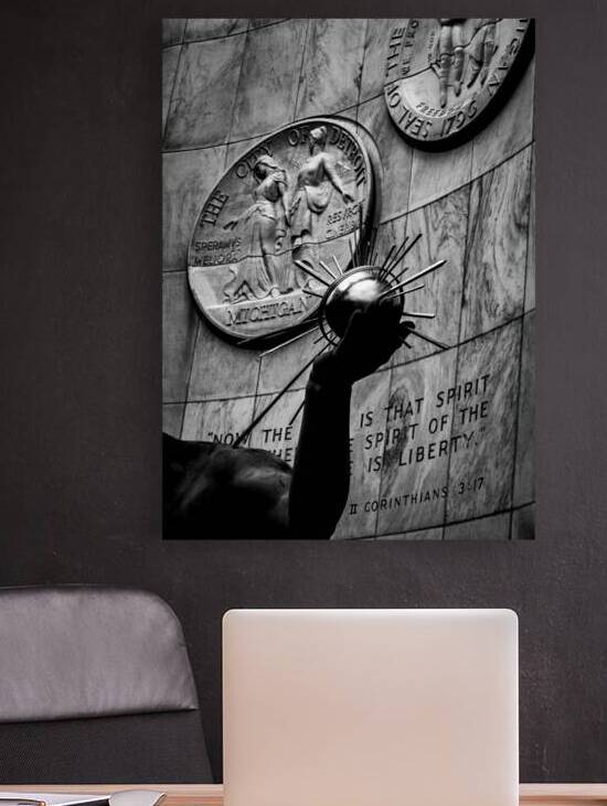 scripture on spirit of detroit statue  vertical 5 by Black And White