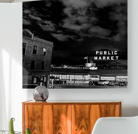 seattle public market sign at night  square 300 O by Black And White