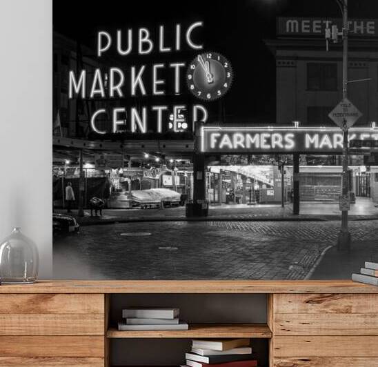 pike place public market at night  square 2710 Yi by Black And White
