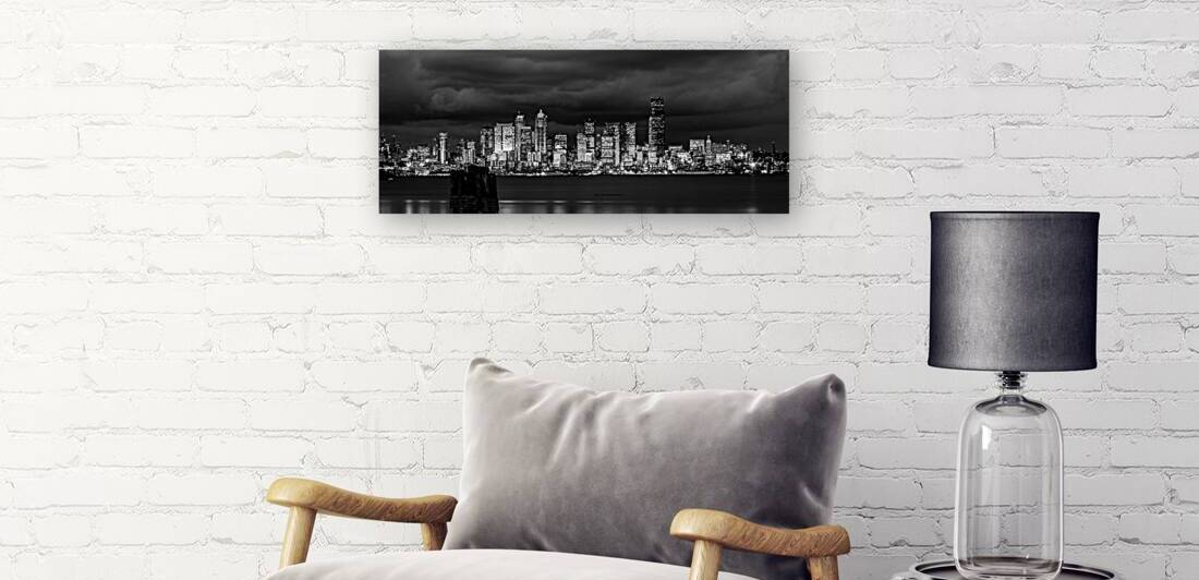 seattle skyline at night elliot bay  panoramic 29 by Black And White