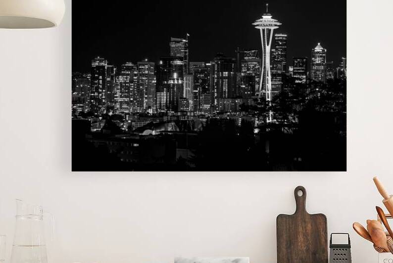 seattle skyline at night  horizontal 2681 Emerald by Black And White