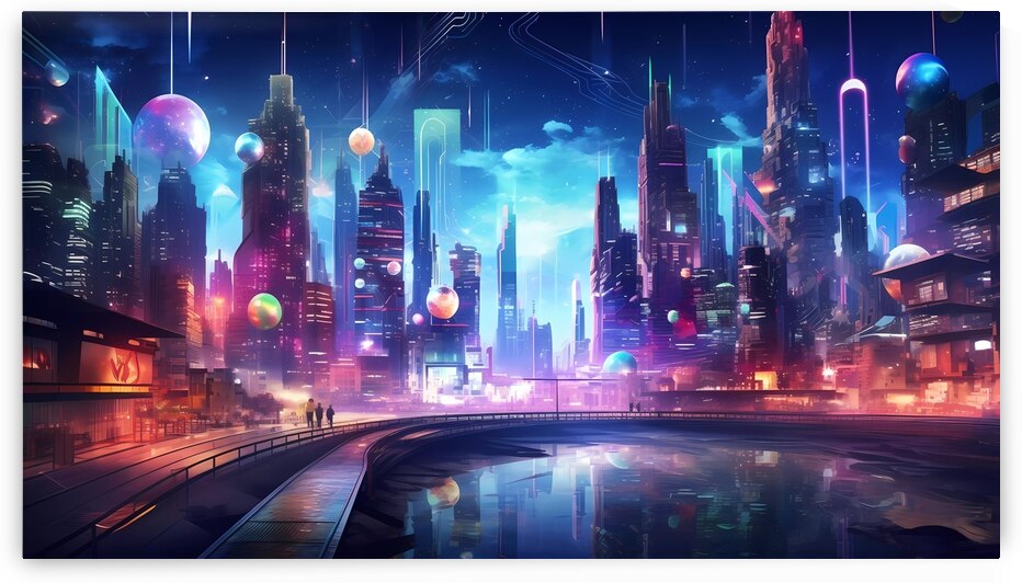 Psychedelic cityscape with towering neon skyscrapers by Win Hardy