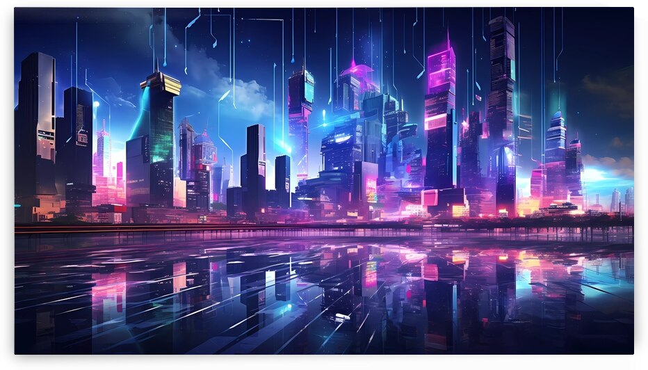 Psychedelic cityscape with towering neon skyscrapers by Win Hardy
