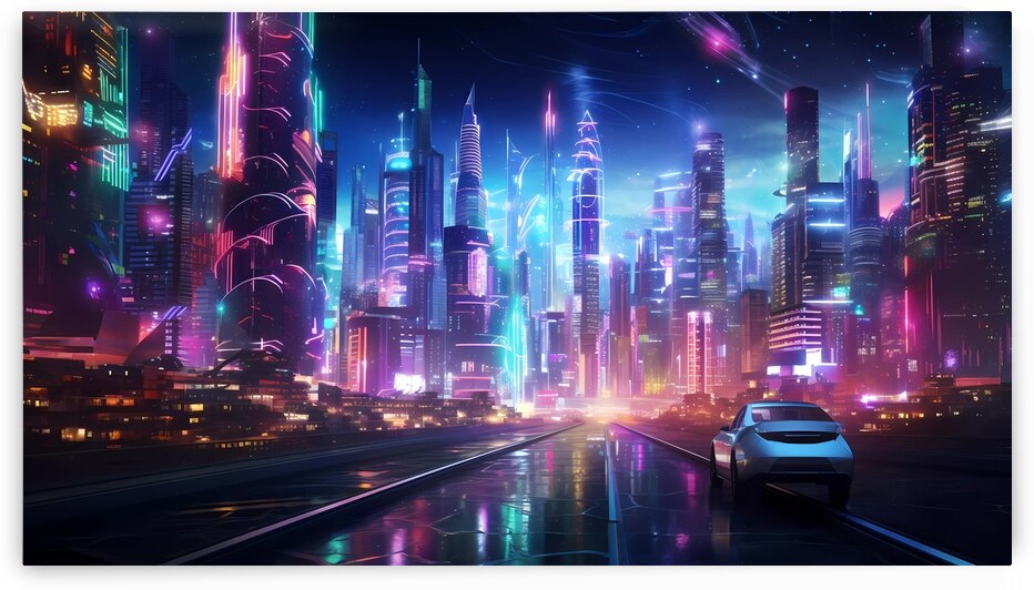 Psychedelic cityscape with towering neon skyscrapers by Win Hardy