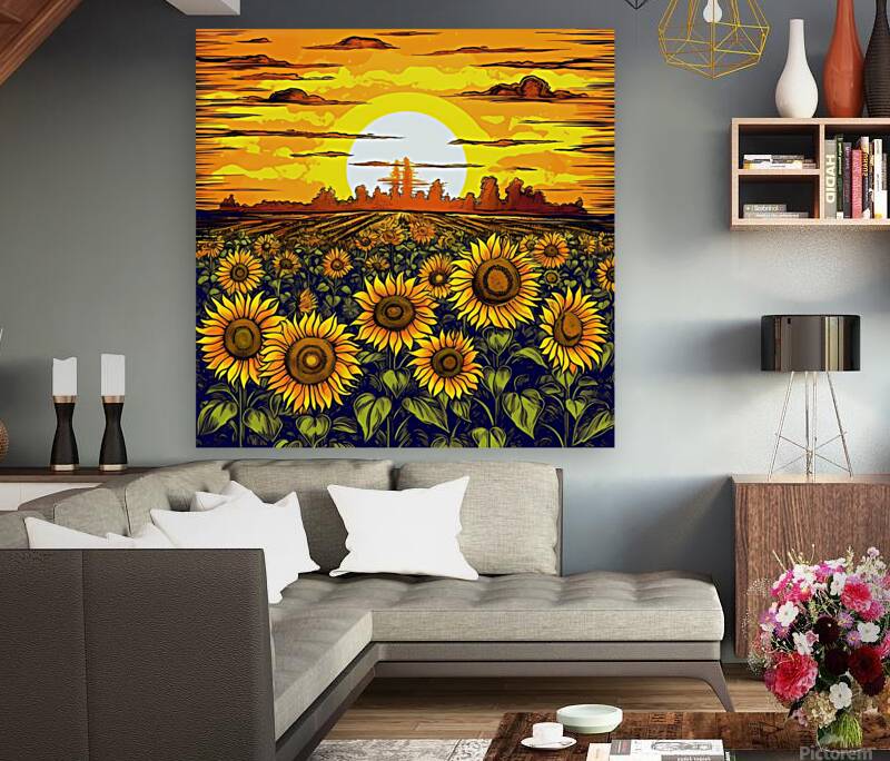 Sunflower field at sunset Reproduction