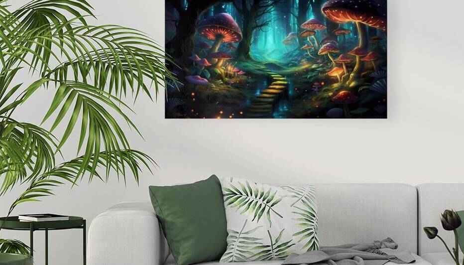 Psychedelic forest scene with neon-colored trees by Win Hardy