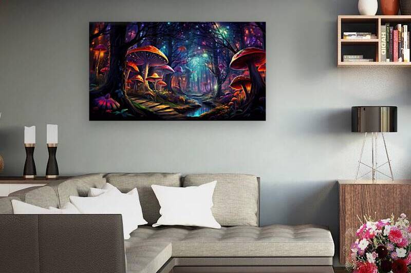 Psychedelic forest scene with neon-colored trees by Win Hardy