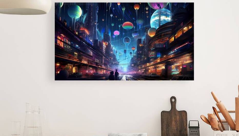 Psychedelic cityscape with towering neon skyscrapers by Win Hardy